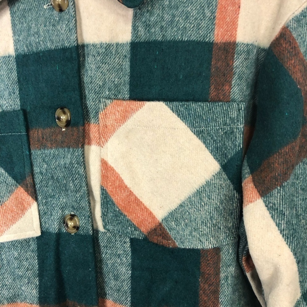 Shacket jade green and coral plaid long sleeve button down XS New - Picture 6 of 13